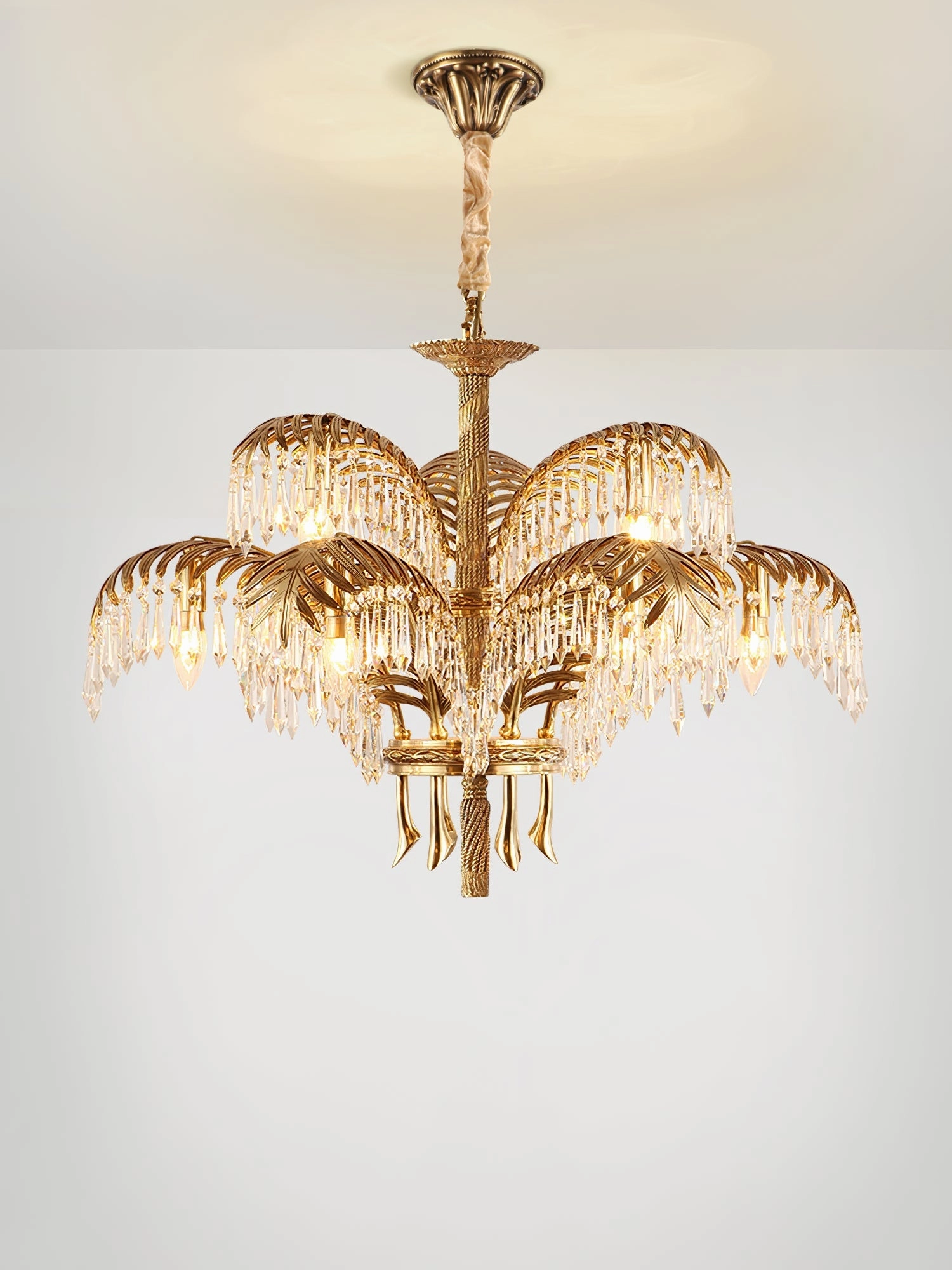 Brass Palm Leaf Crystal Chandelier
