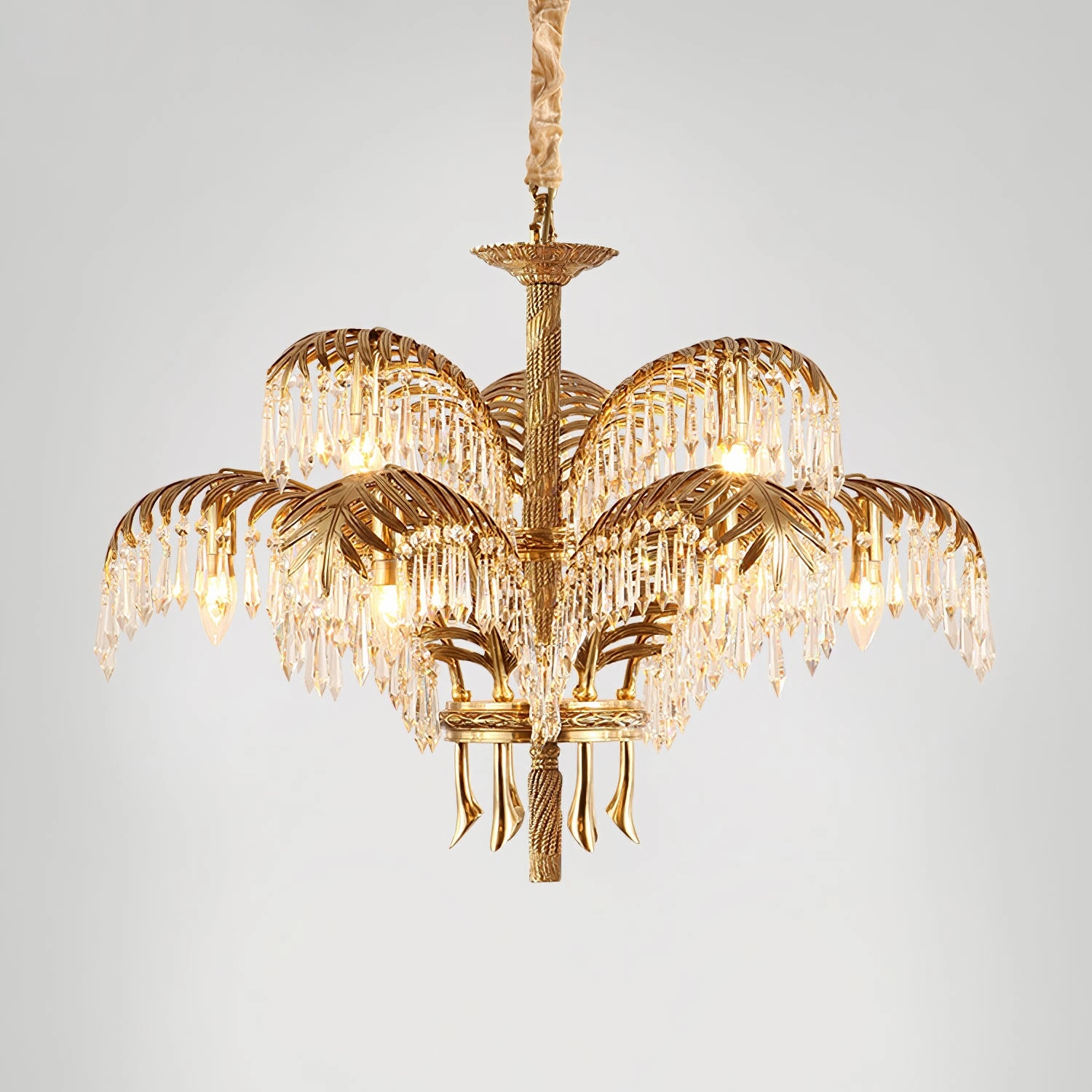 Brass Palm Leaf Crystal Chandelier