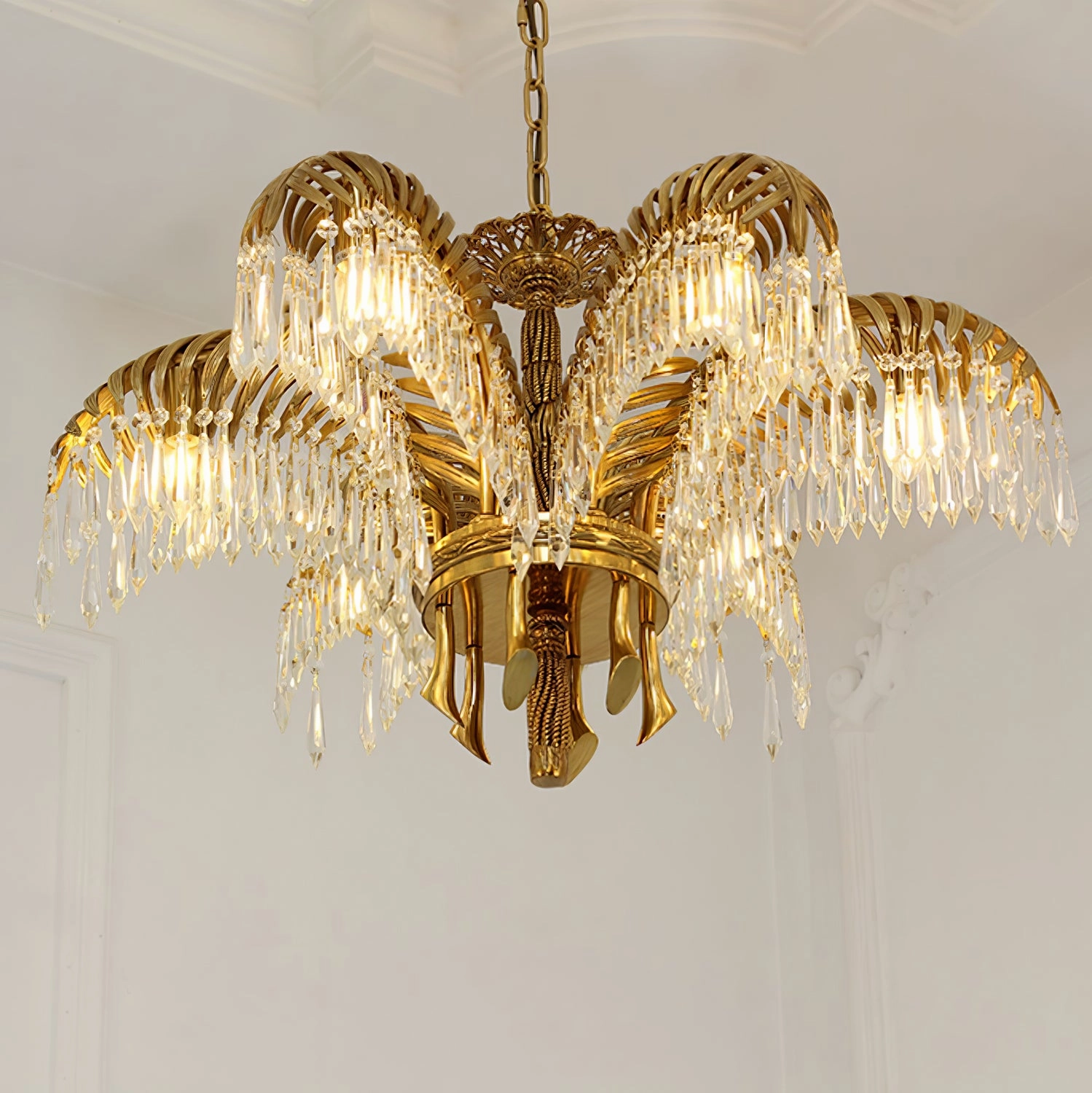 Brass Palm Leaf Crystal Chandelier