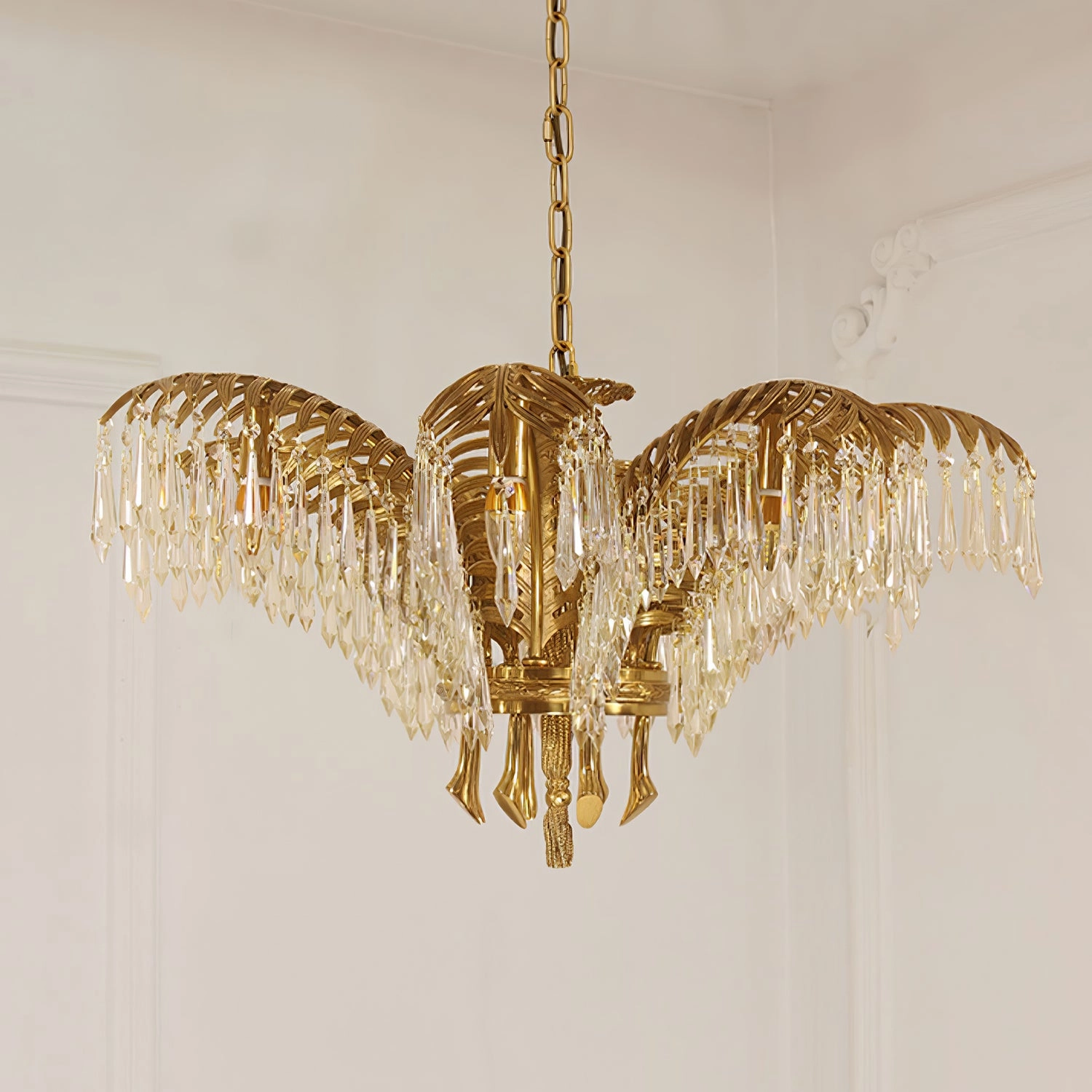 Brass Palm Leaf Crystal Chandelier