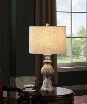 Brie Drum Shade Table Lamp Oatmeal and Antique Gold mini decorative bulb