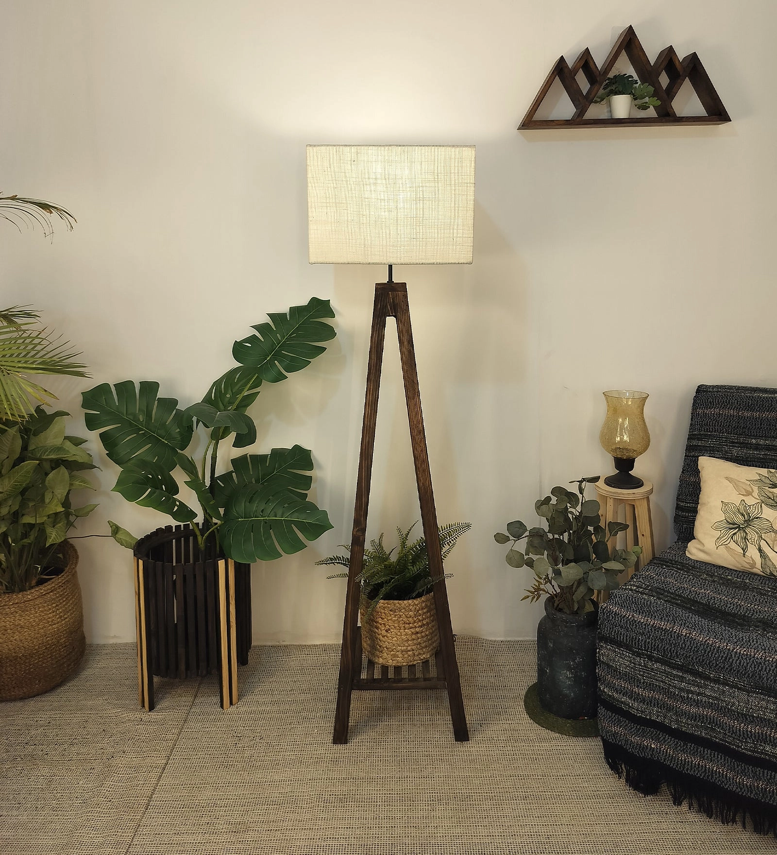 Brielle Wooden Floor Lamp with Brown Base and Beige Fabric Lampshade (BULB NOT INCLUDED) garden LED light