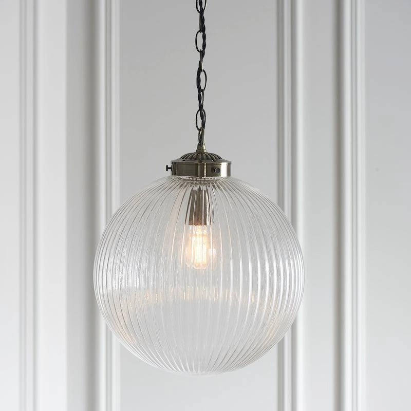 Brydon 1 Light Clear Ribbed Glass & Brass Pendant - 35cm