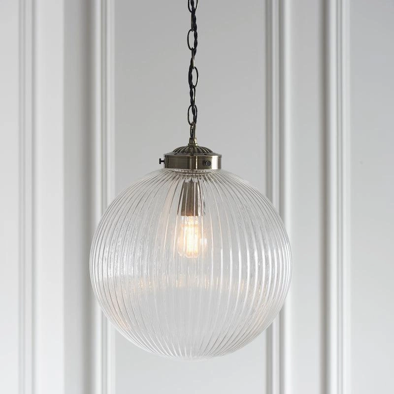 Brydon 1 Light Clear Ribbed Glass & Brass Pendant - 35cm