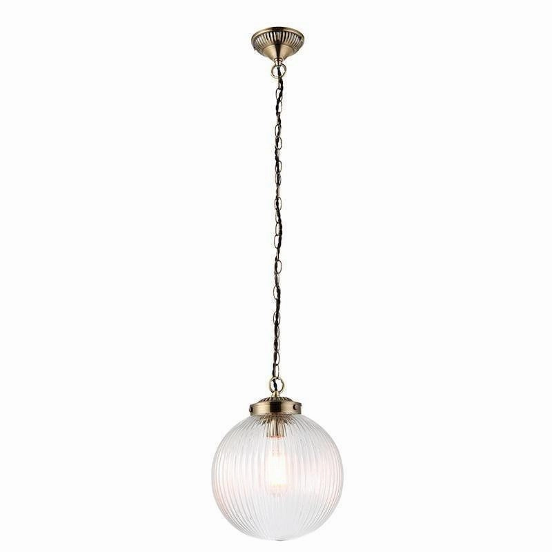 Brydon 1 Light Pendant Ribbed Glass & Antique Brass - 25cm