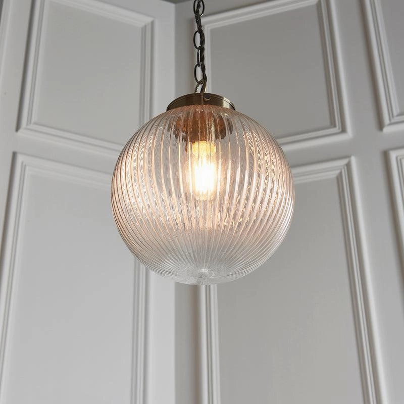 Brydon 1 Light Pendant Ribbed Glass & Antique Brass - 25cm
