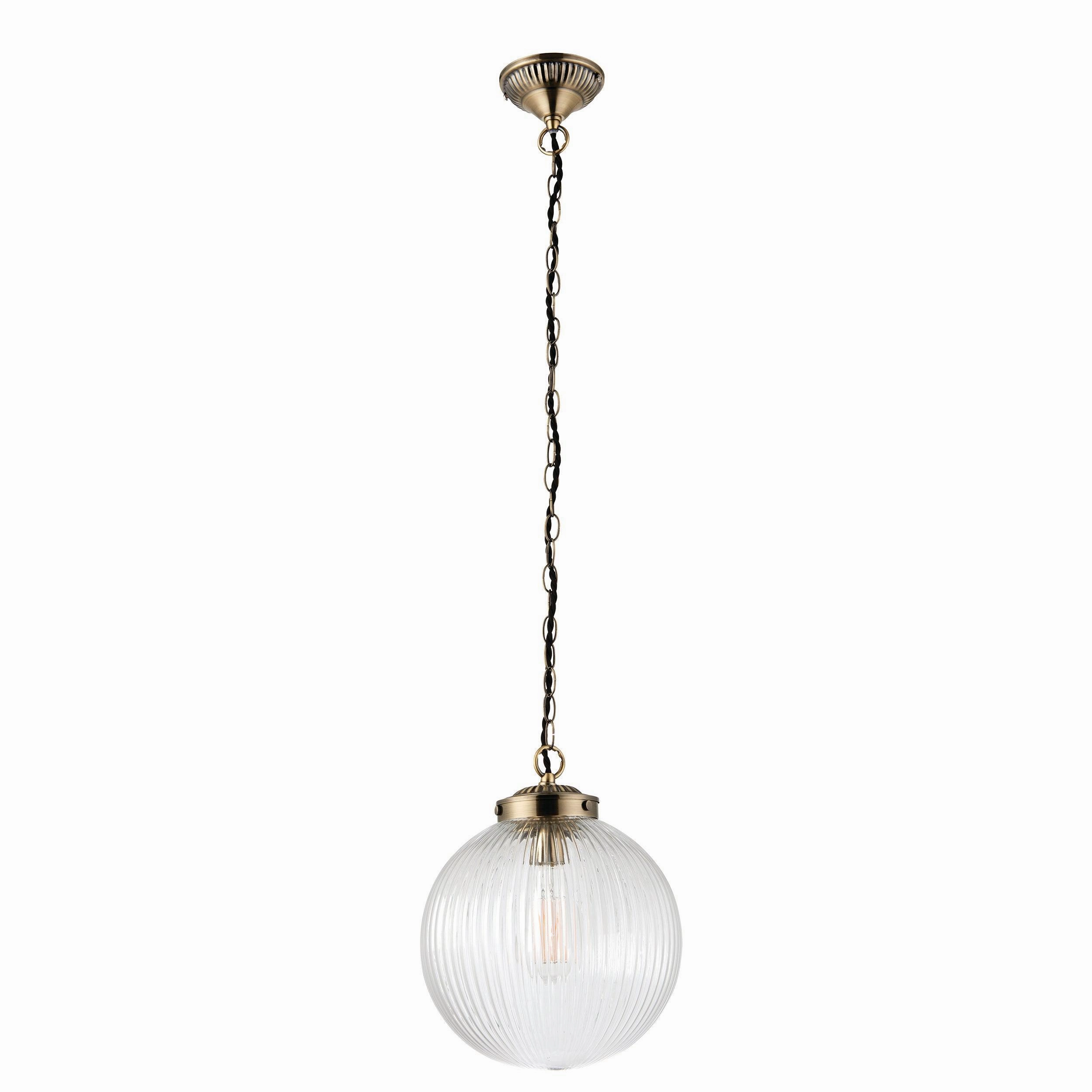 Brydon 1 Light Pendant Ribbed Glass & Antique Brass - 25cm