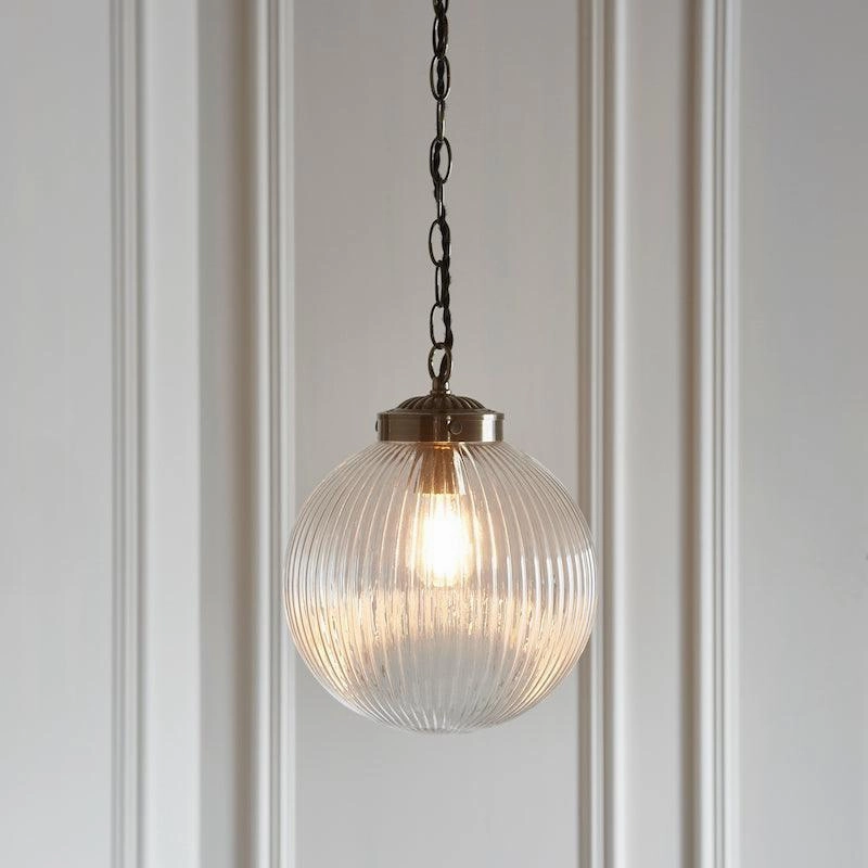 Brydon 1 Light Pendant Ribbed Glass & Antique Brass - 25cm
