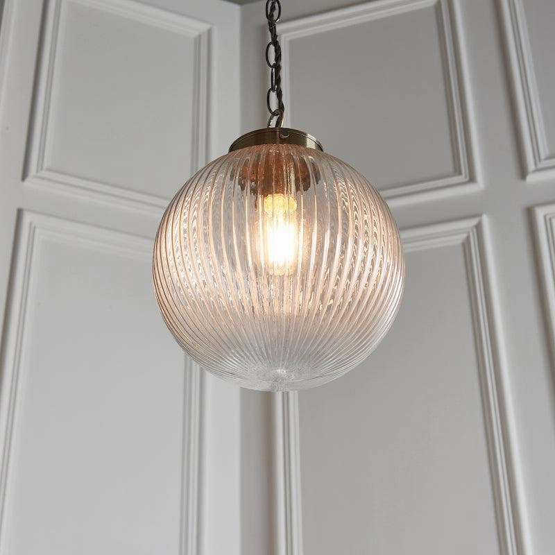 Brydon 1 Light Pendant Ribbed Glass & Antique Brass - 25cm