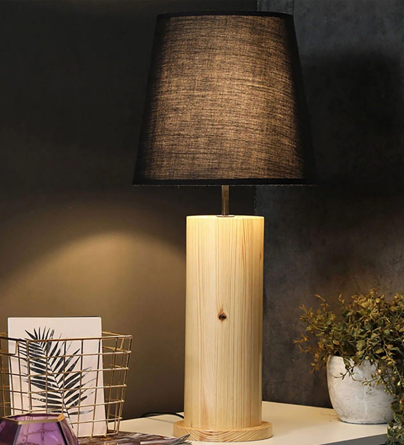 Cedar Brown Wooden Table Lamp with Yellow Printed Fabric Lampshade (BULB NOT INCLUDED)