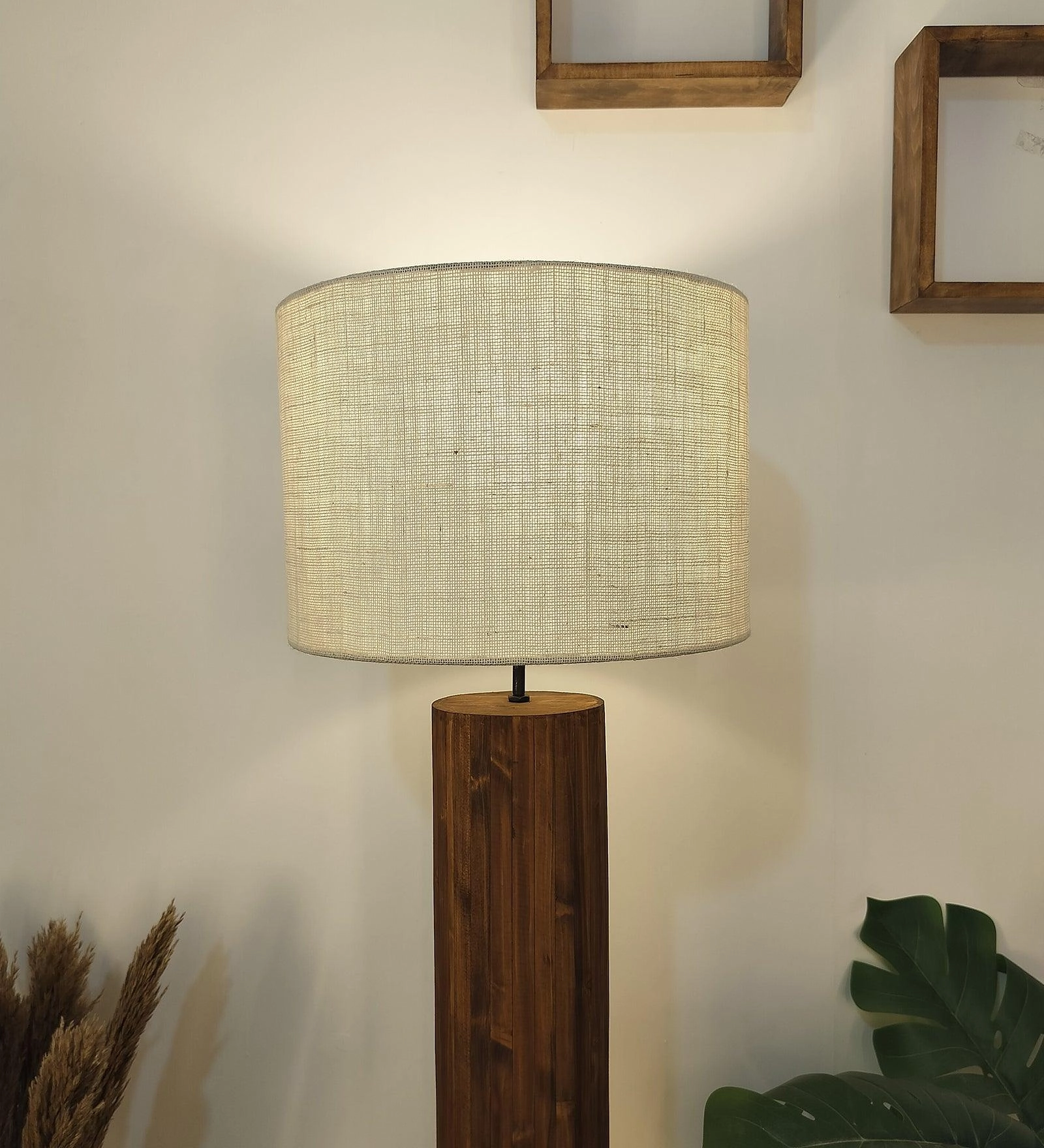 Cedar Wooden Floor Lamp with Premium Beige Fabric Lampshade (BULB NOT INCLUDED)