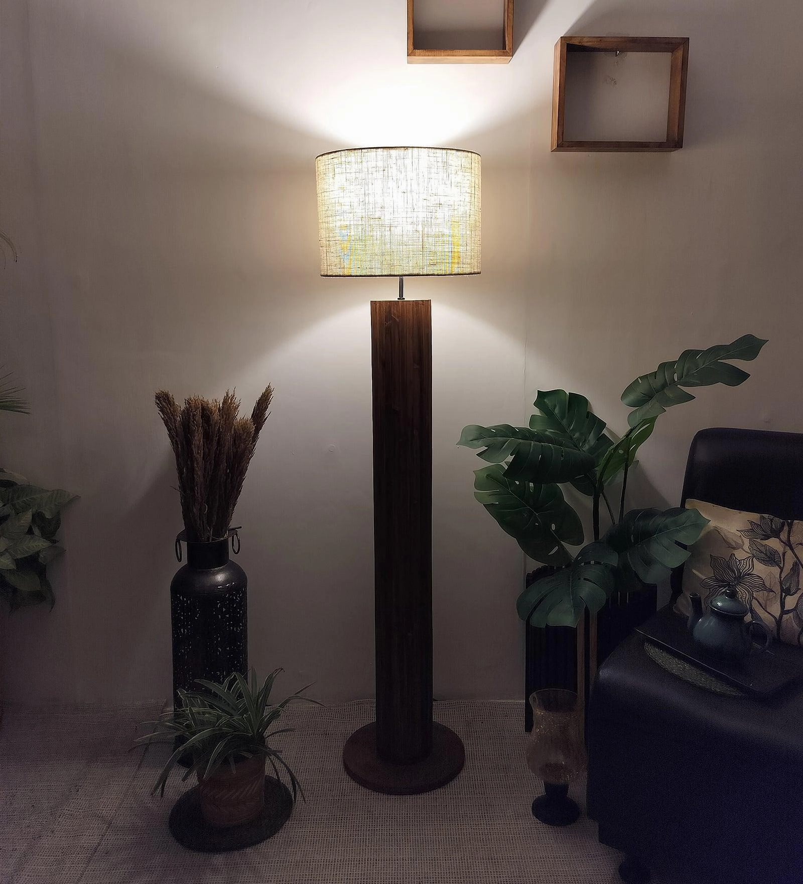 Cedar Wooden Floor Lamp with Premium Beige Fabric Lampshade (BULB NOT INCLUDED)
