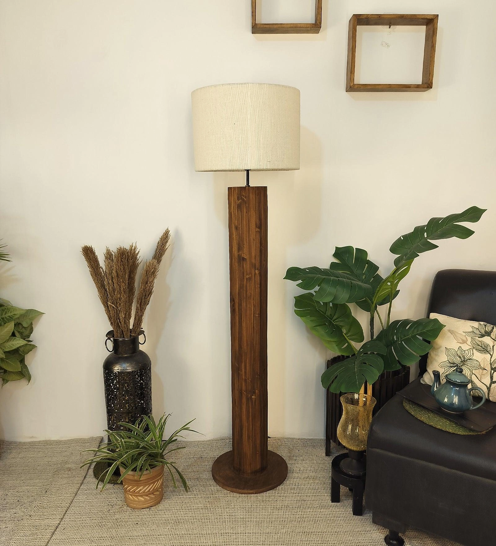 Cedar Wooden Floor Lamp with Premium Beige Fabric Lampshade (BULB NOT INCLUDED) garden LED light
