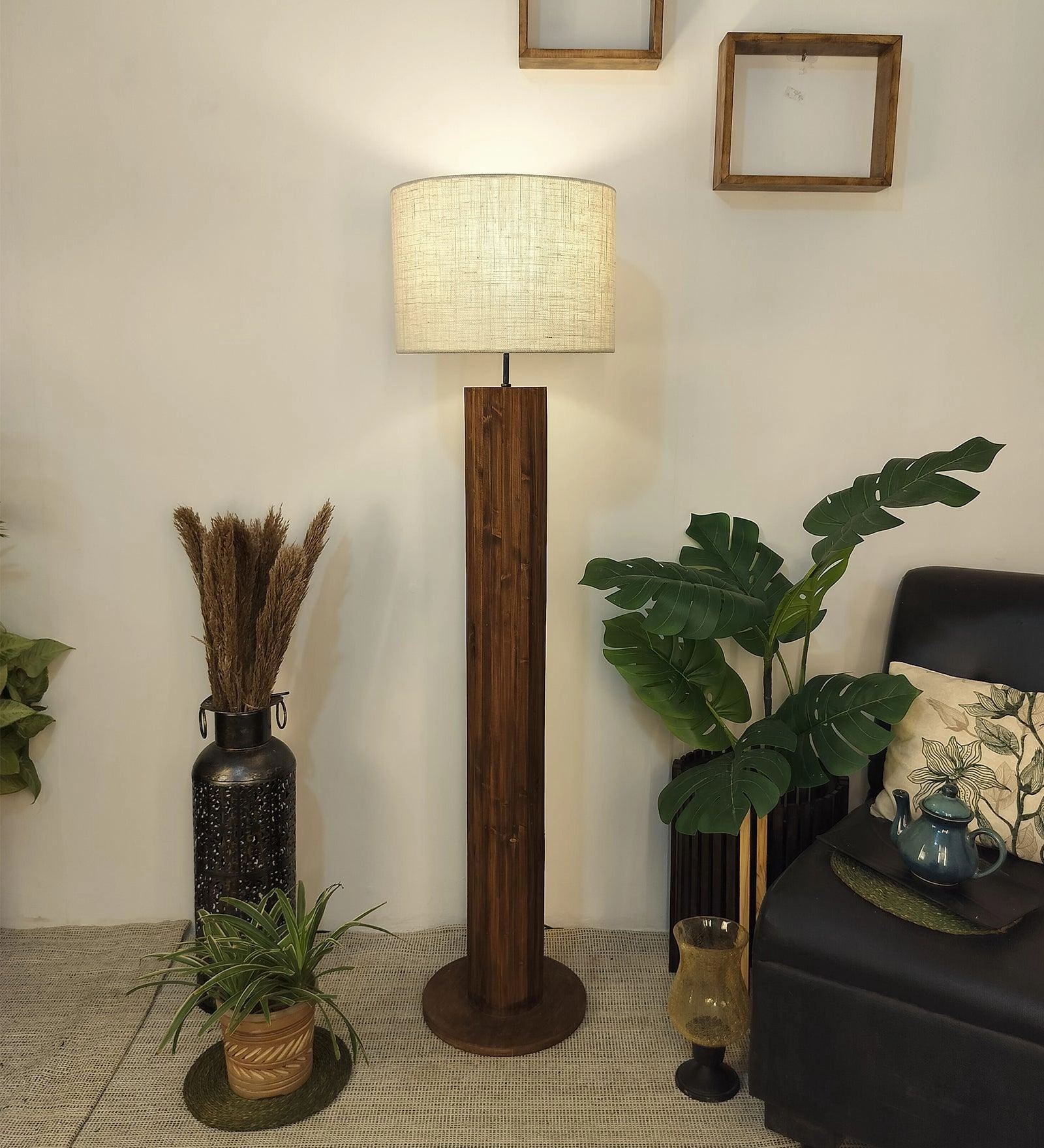 Cedar Wooden Floor Lamp with Premium Beige Fabric Lampshade (BULB NOT INCLUDED)
