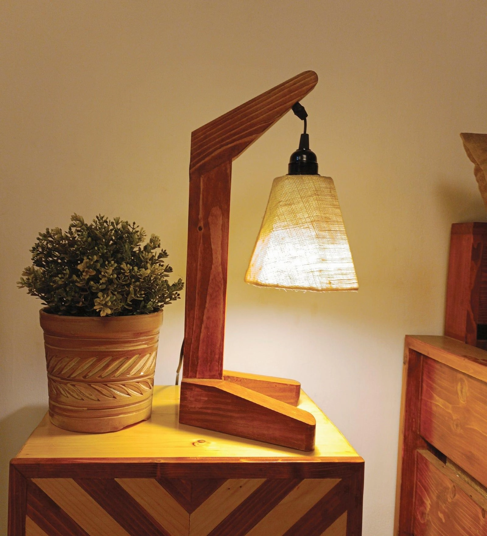 Charles Brown Wooden Table Lamp with White Jute Lampshade (BULB NOT INCLUDED)