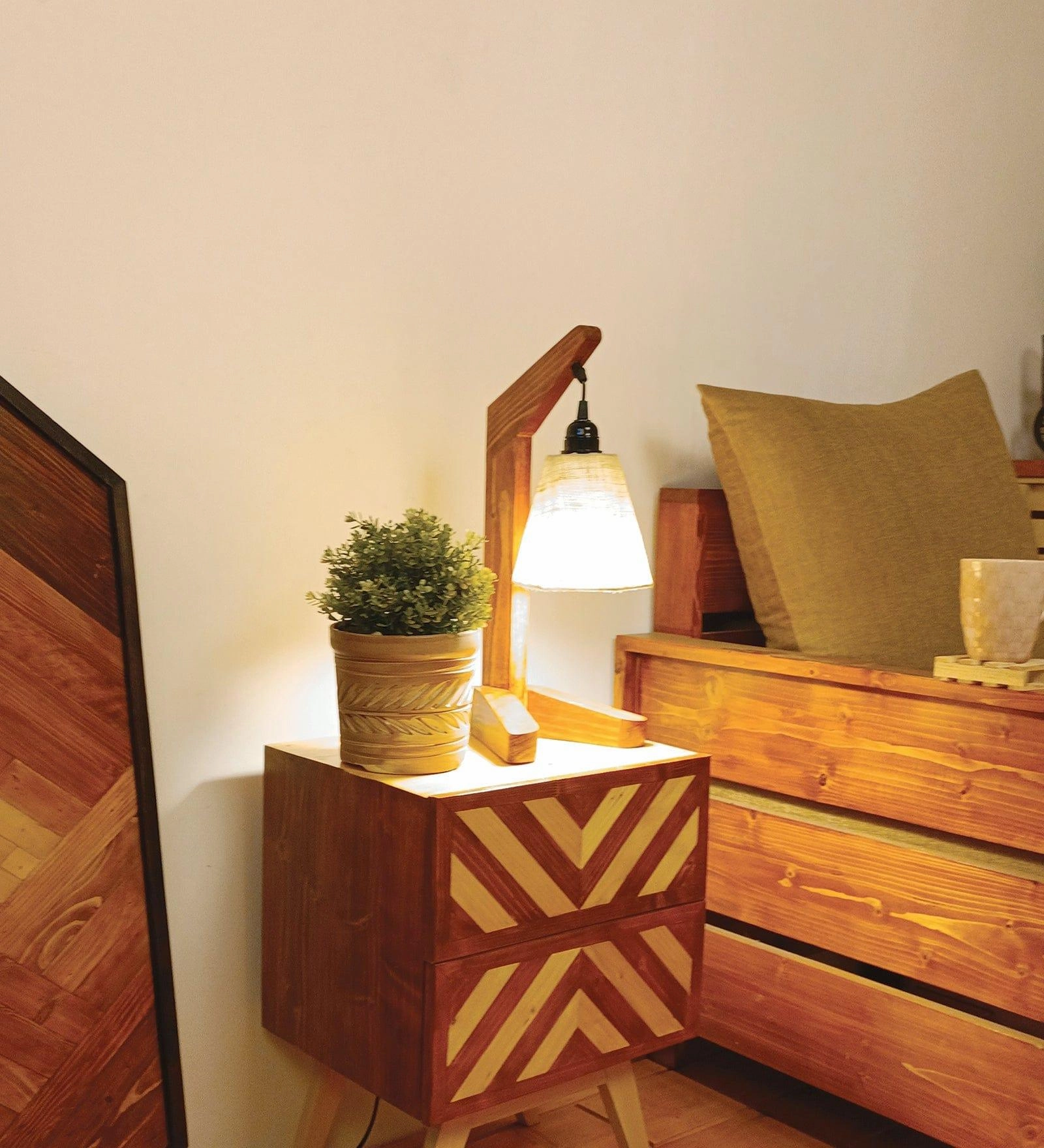Charles Brown Wooden Table Lamp with White Jute Lampshade (BULB NOT INCLUDED)