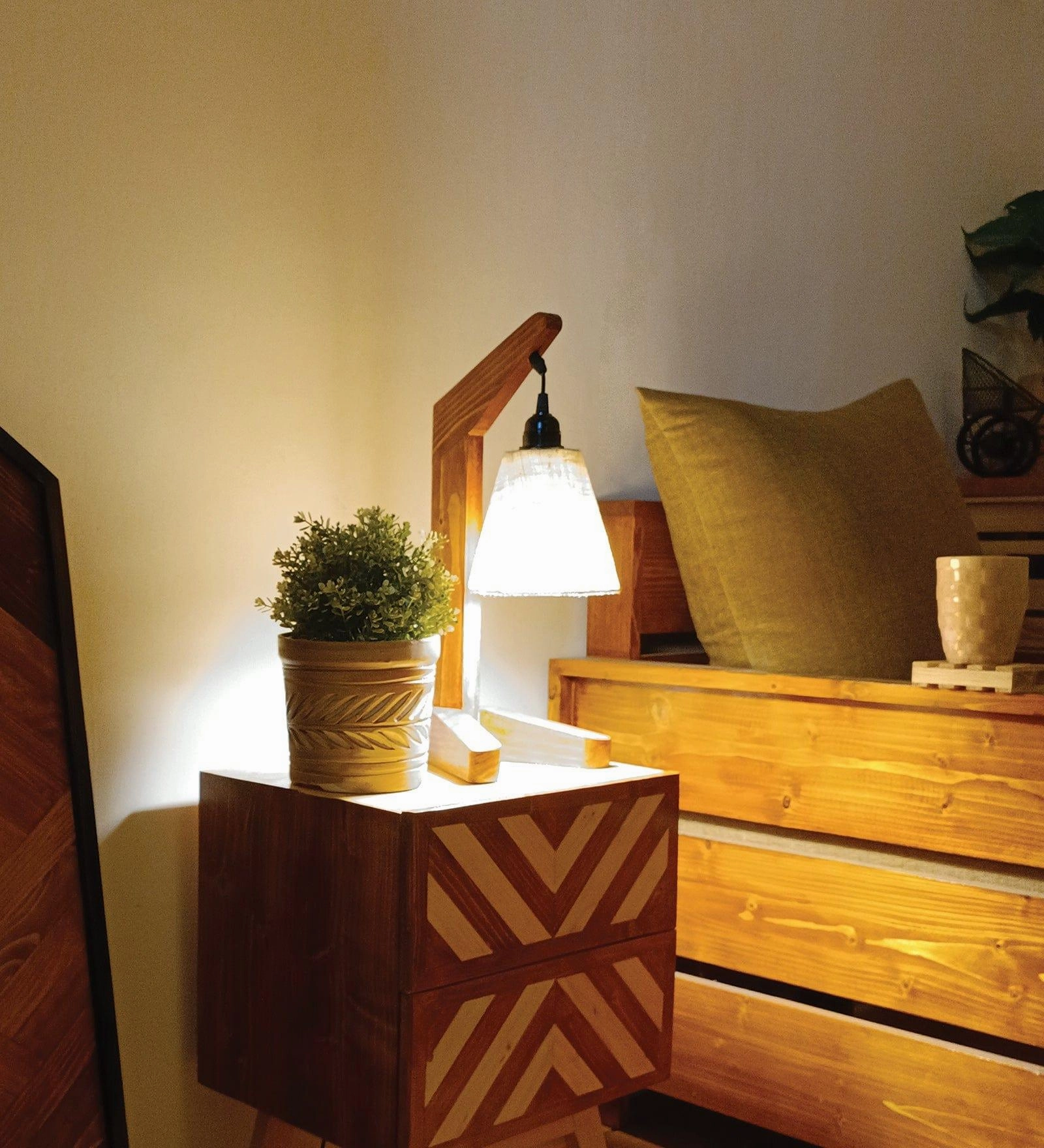 Charles Brown Wooden Table Lamp with White Jute Lampshade (BULB NOT INCLUDED)
