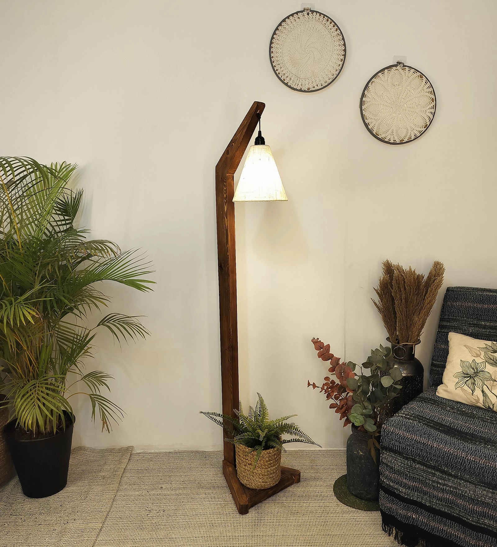Charles Wooden Floor Lamp with Brown Base and Jute Fabric Lampshade (BULB NOT INCLUDED) garden LED light