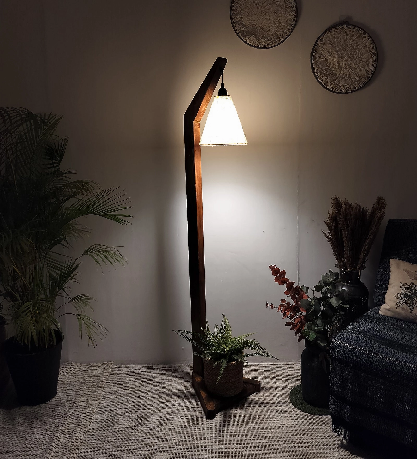 Charles Wooden Floor Lamp with Brown Base and Jute Fabric Lampshade (BULB NOT INCLUDED)