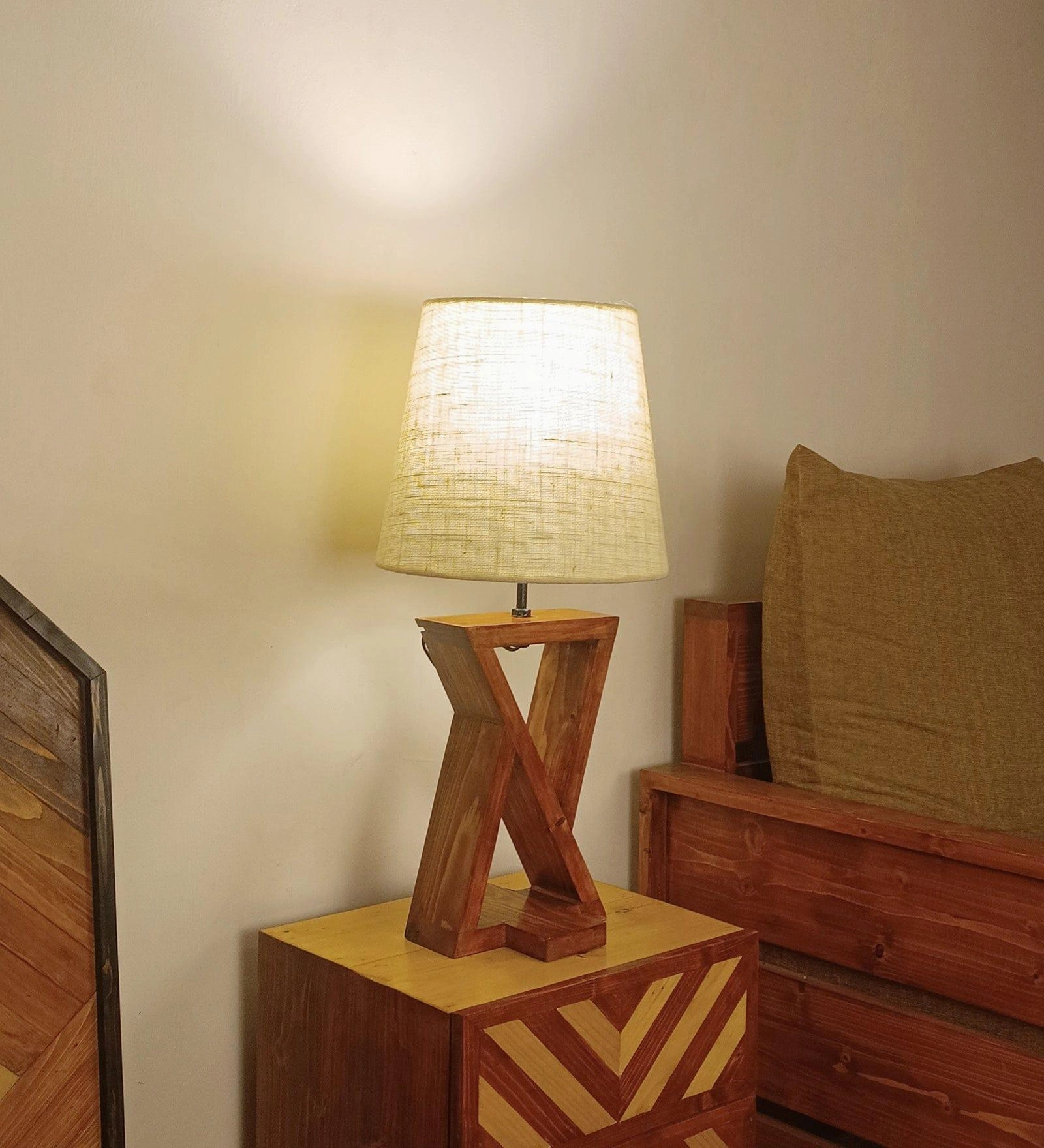 Chloe Brown Wooden Table Lamp with White Jute Lampshade (BULB NOT INCLUDED)