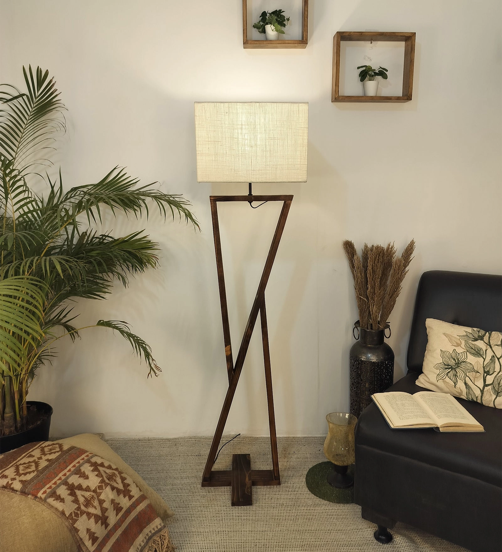 Chloe Wooden Floor Lamp with Brown Base and Jute Fabric Lampshade (BULB NOT INCLUDED)
