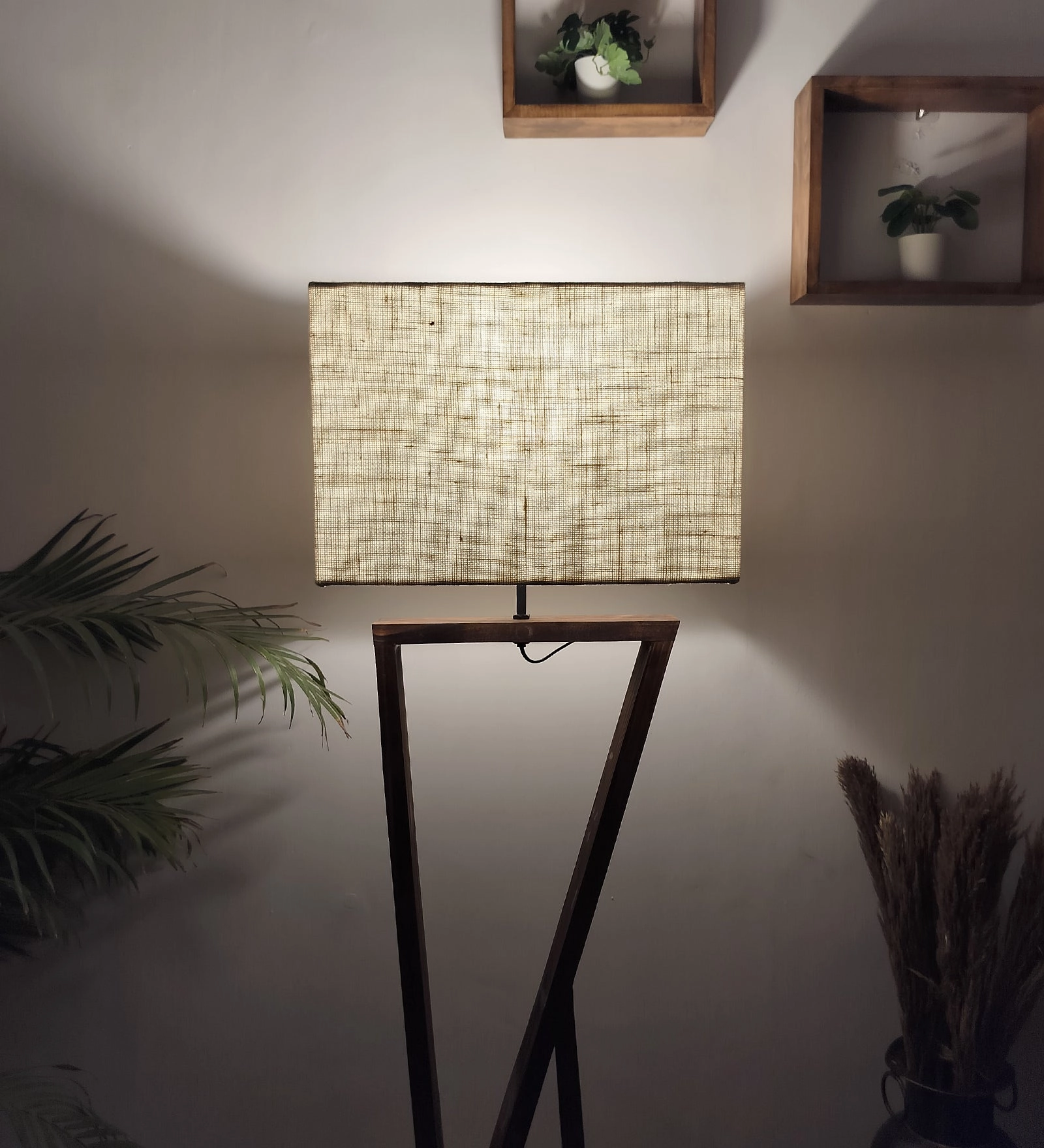 Chloe Wooden Floor Lamp with Brown Base and Jute Fabric Lampshade (BULB NOT INCLUDED)