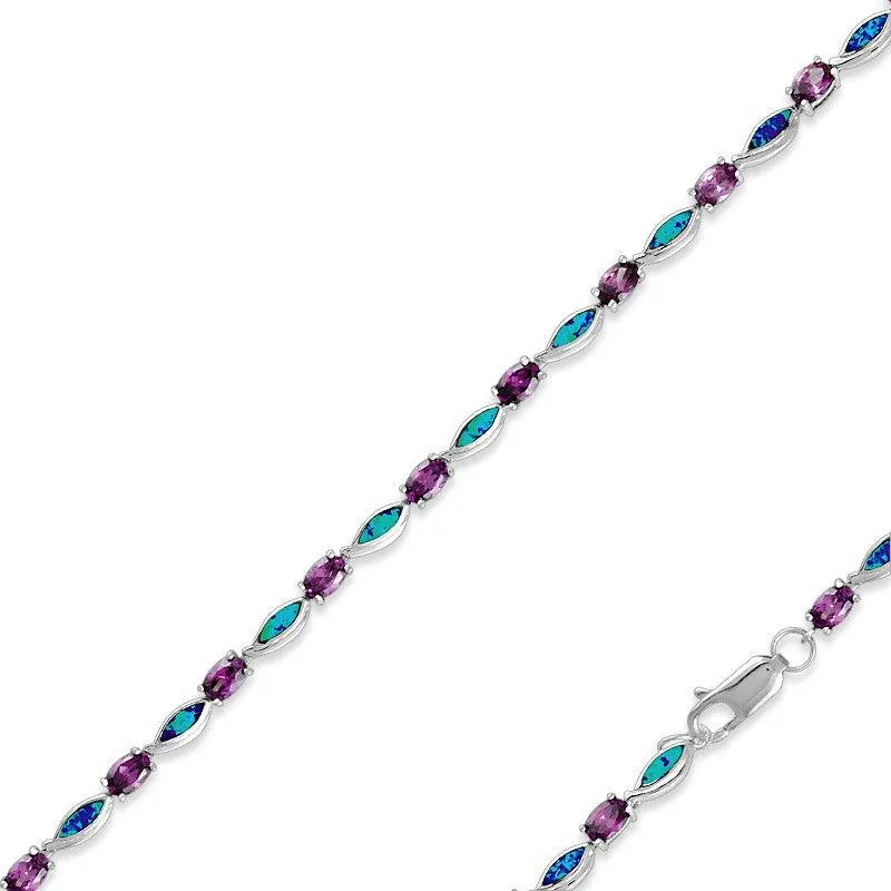 Classic Jewelry Sterling Silver Amethyst CZ's and Blue Opal Marquise Bracelet