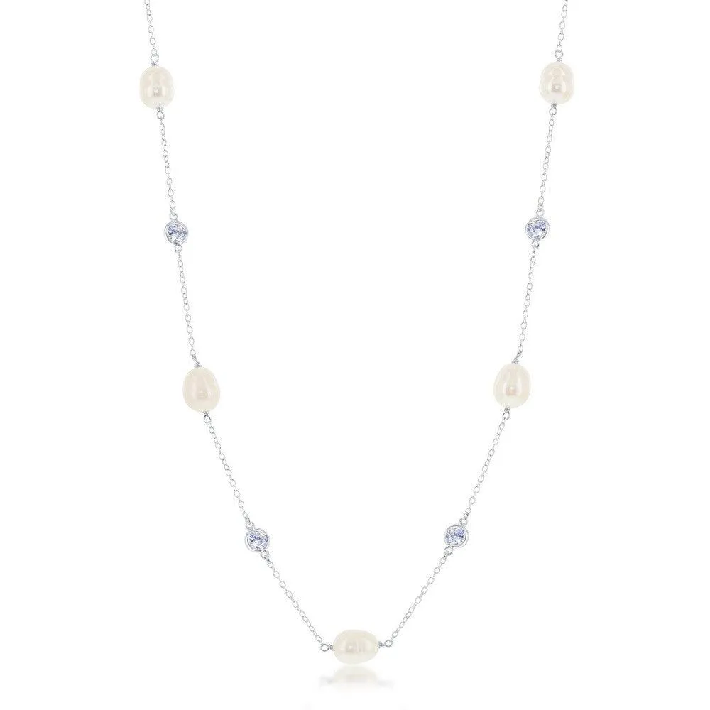 Classic Jewelry Sterling Silver Bezel Set CZ and Pearl Necklace