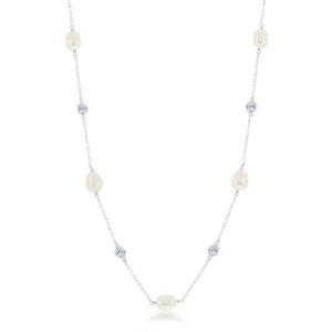 Classic Jewelry Sterling Silver Bezel Set CZ and Pearl Necklace