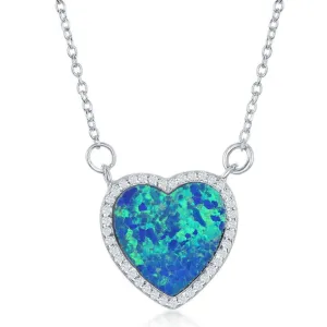 Classic Jewelry Sterling Silver Blue Inlay Opal Heart with CZ Border Necklace