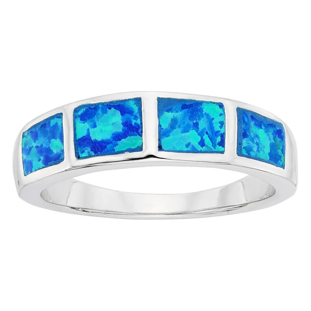 Classic Jewelry Sterling Silver Blue Inlay Opal Squares Ring - W-9457