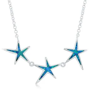 Classic Jewelry Sterling Silver Blue Inlay Opal Three Linked Starfish Necklace