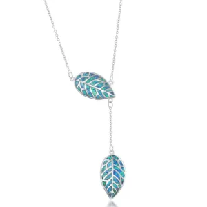 Classic Jewelry Sterling Silver Blue Opal Leaf with Hanging Leaf Lariat Necklace