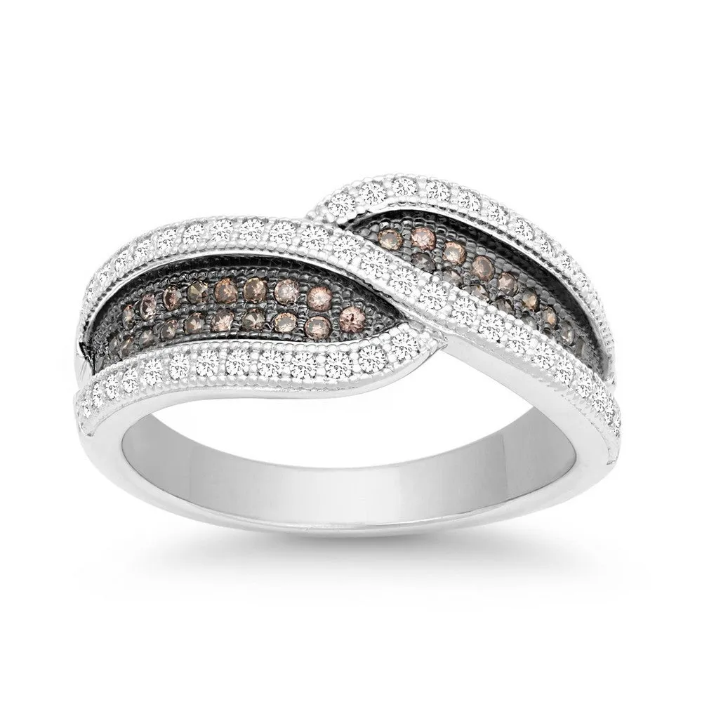 Classic Jewelry Sterling Silver Crossed Champagne and White CZ Ring - W-9906