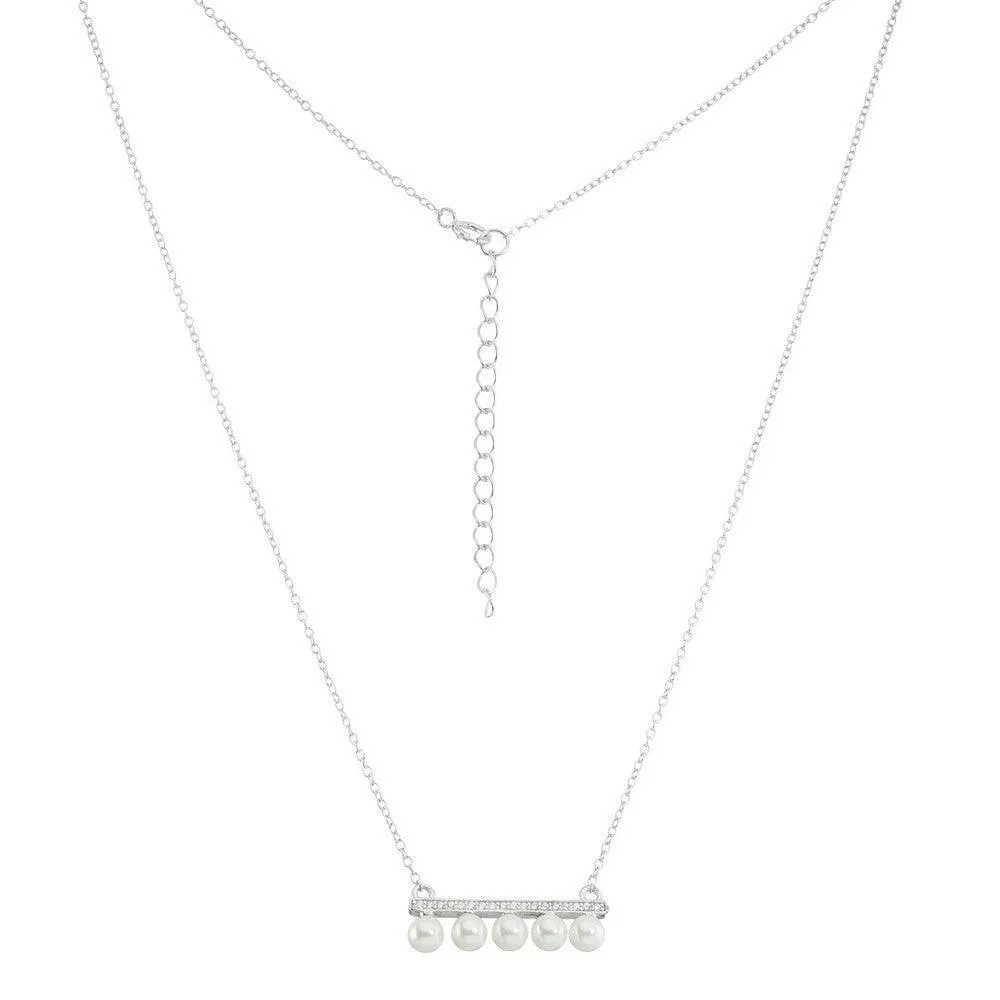 Classic Jewelry Sterling Silver CZ Bar with 5 Pearl Necklace