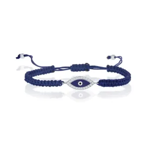 Classic Jewelry Sterling Silver CZ Evil Eye on Navy Blue Cord Bracelet, 7"