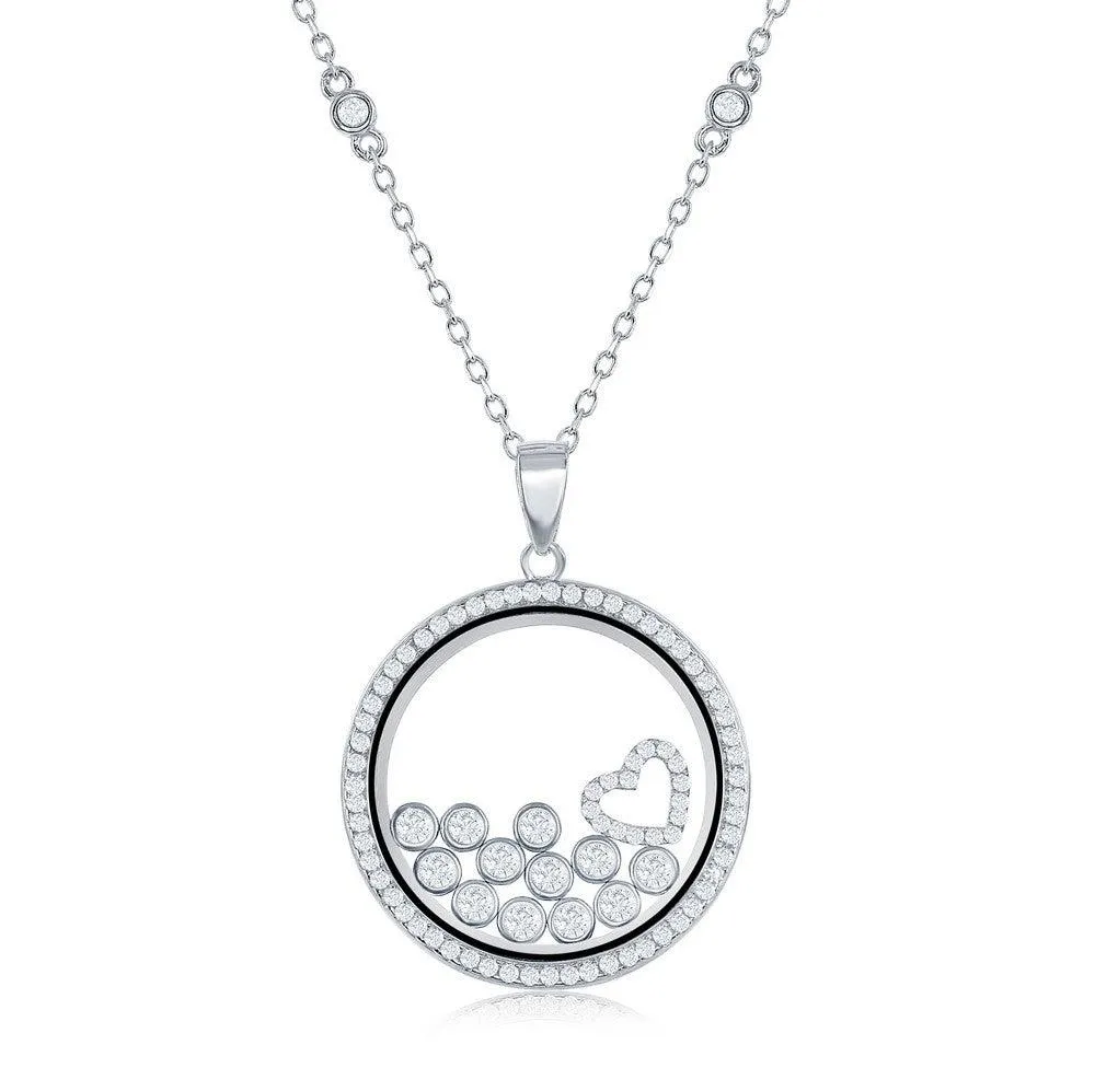 Classic Jewelry Sterling Silver CZ Floating Heart & Round CZ's in a Disc Necklace