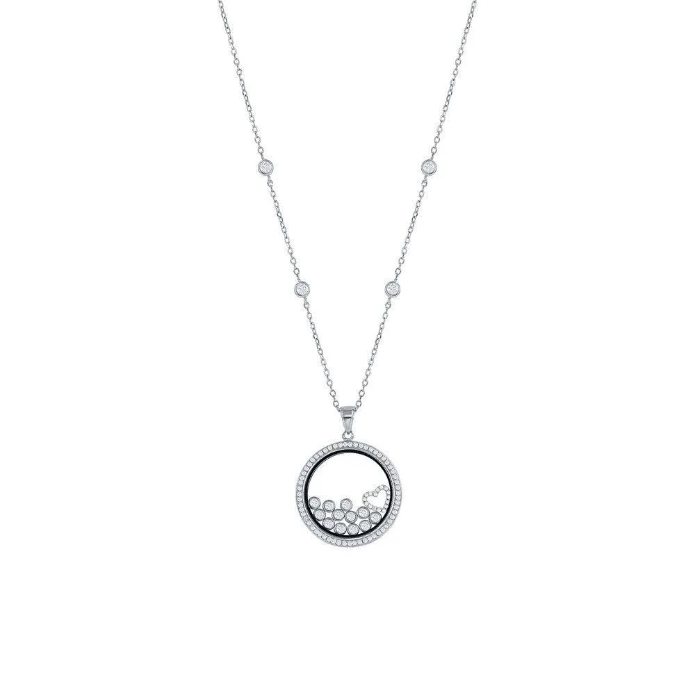 Classic Jewelry Sterling Silver CZ Floating Heart & Round CZ's in a Disc Necklace