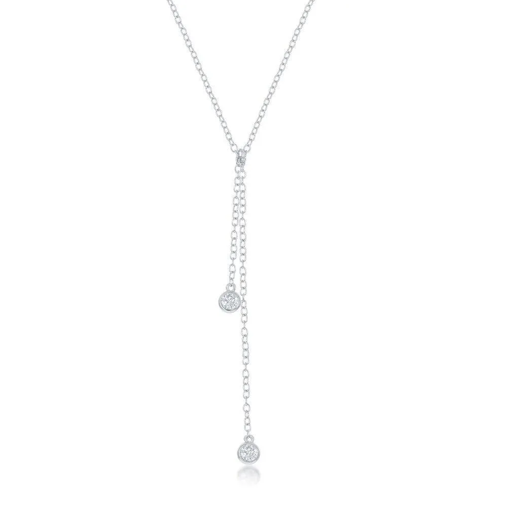 Classic Jewelry Sterling Silver Double Bezel-Set CZ Dangling Lariat Necklace