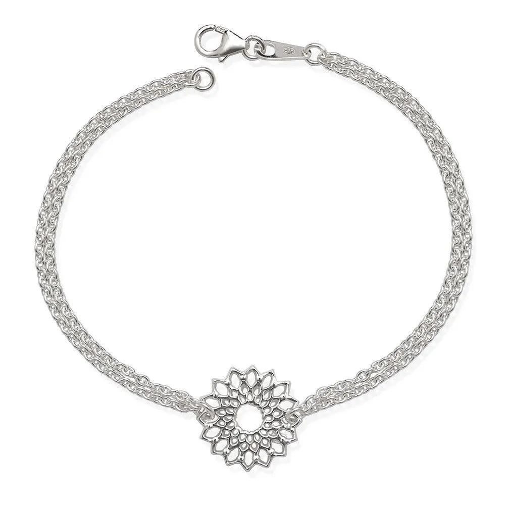Classic Jewelry Sterling Silver Double Strand with Center Flower Bracelet, 7.5"