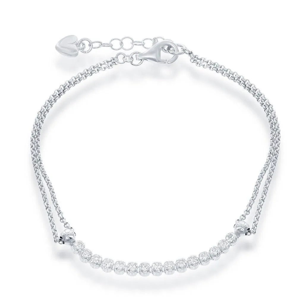 Classic Jewelry Sterling Silver Double Strand with Long Thin Row of CZs Bracelet