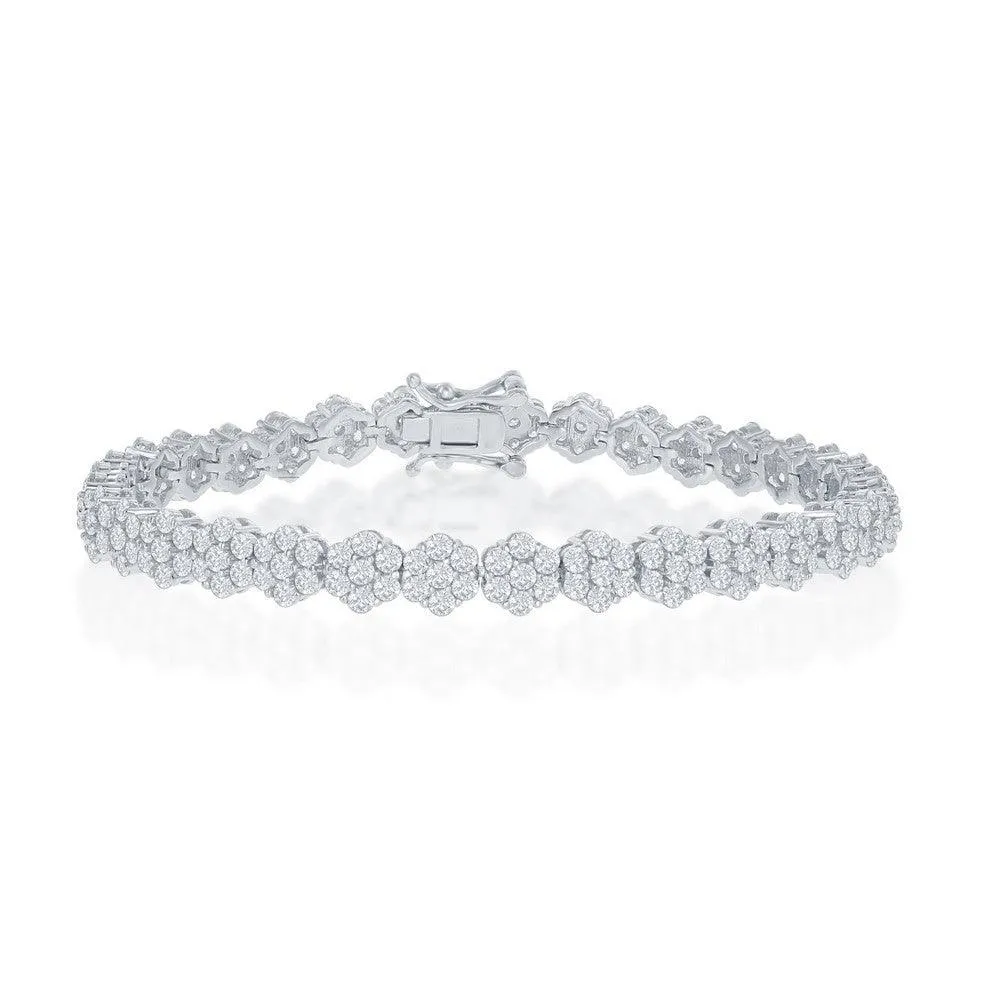 Classic Jewelry Sterling Silver Flower Design CZ Tennis Bracelet, 7.5"