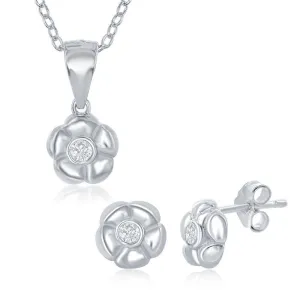 Classic Jewelry Sterling Silver Flower with Single CZ Necklace and Earrings Set