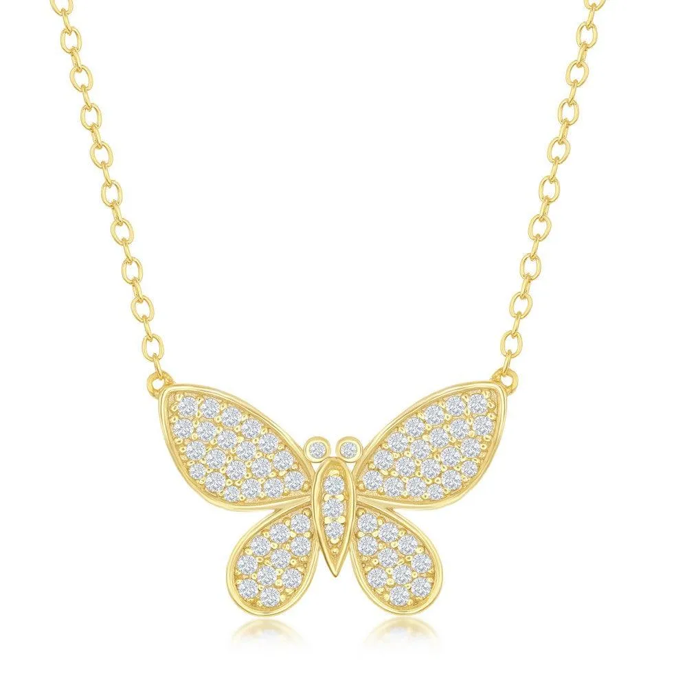 Classic Jewelry Sterling Silver Gold Plated Micro Pave Butterfly Necklace