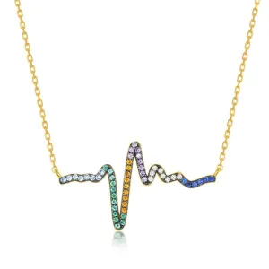 Classic Jewelry Sterling Silver Gold Plated Rainbow CZ Heartbeat Necklace