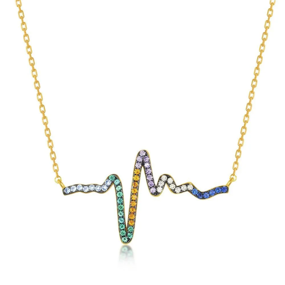 Classic Jewelry Sterling Silver Gold Plated Rainbow CZ Heartbeat Necklace