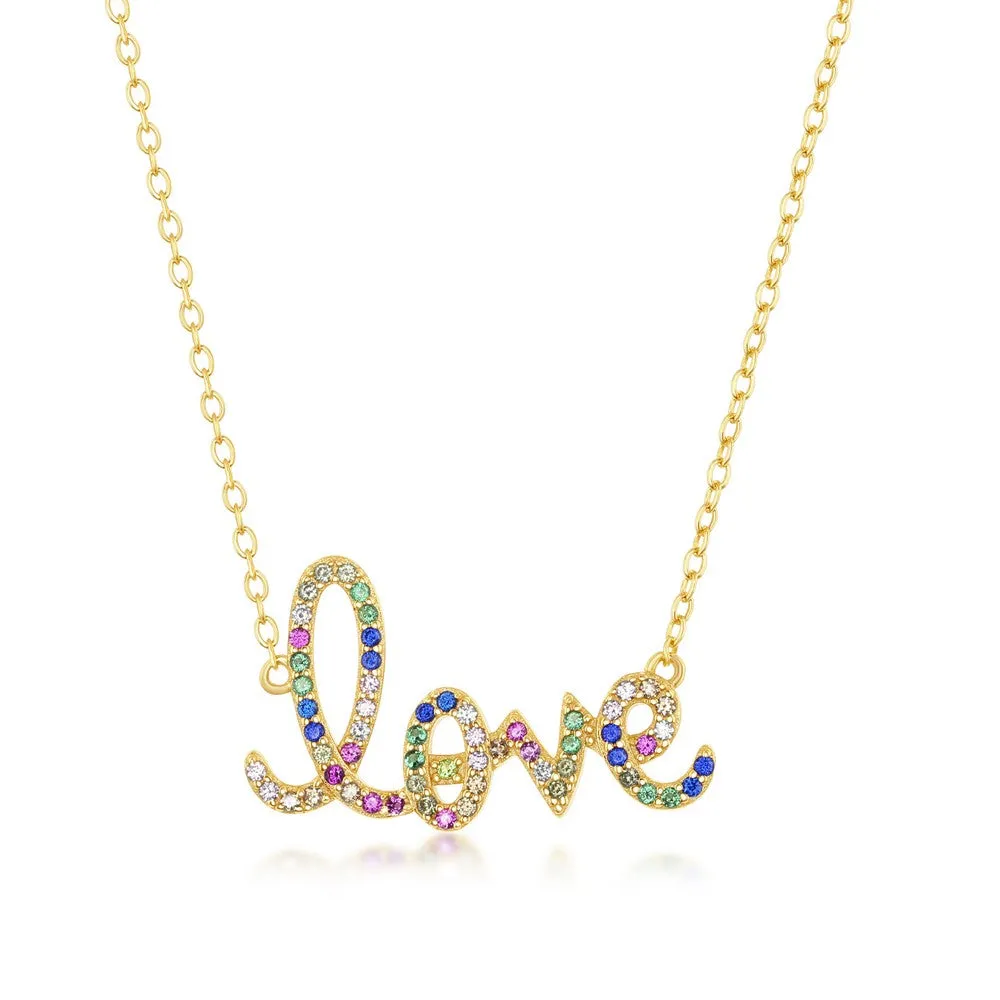 Classic Jewelry Sterling Silver Gold Plated Rainbow CZ 'Love' Necklace