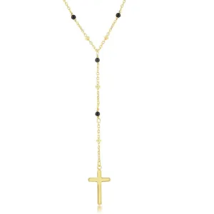 Classic Jewelry Sterling Silver GP Onyx and Plain Beads Cross Rosary Necklace