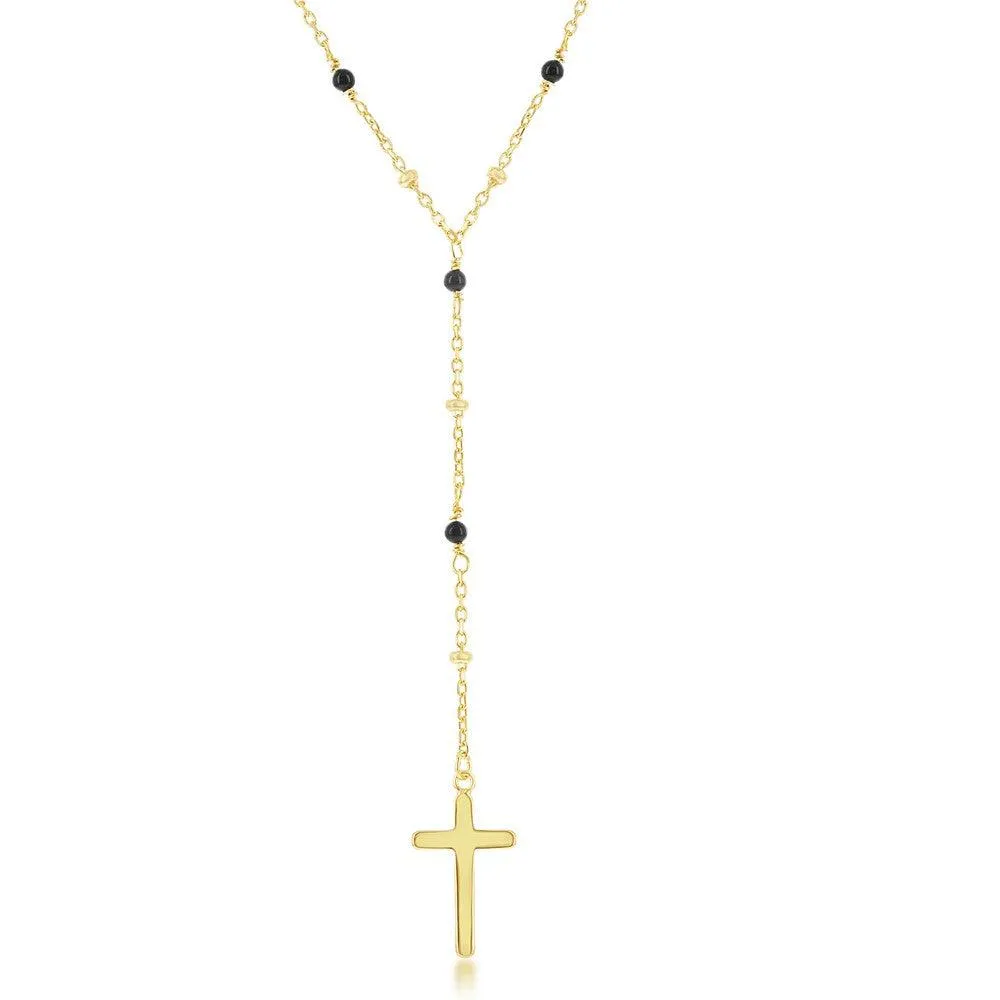 Classic Jewelry Sterling Silver GP Onyx and Plain Beads Cross Rosary Necklace