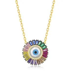 Classic Jewelry Sterling Silver GP Rainbow Baguette CZ Evil Eye Disc Necklace